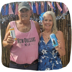 Specialized seltzer beverages for retired couple, faces on cans, personalized beverage.