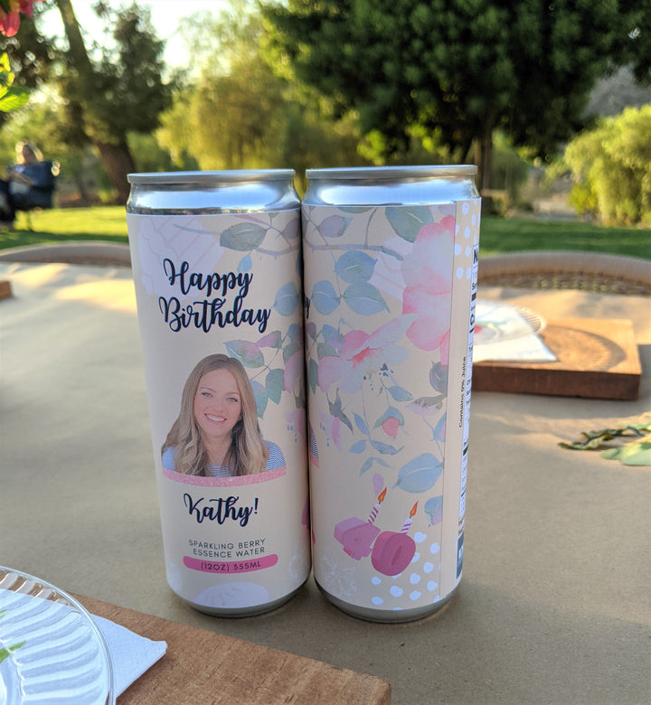 40th birthday party seltzer, custom ingredients and DIY floral label to match theme.
