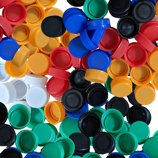 Red, orange, black, blue, green, and white cap bottle options. 