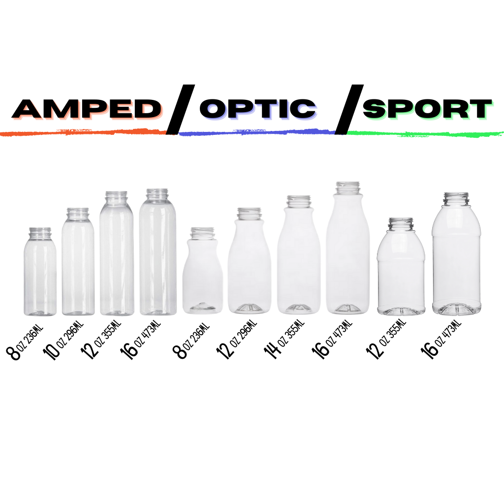 Three types of bottles with amped, optic, and sport bottle offerings.  