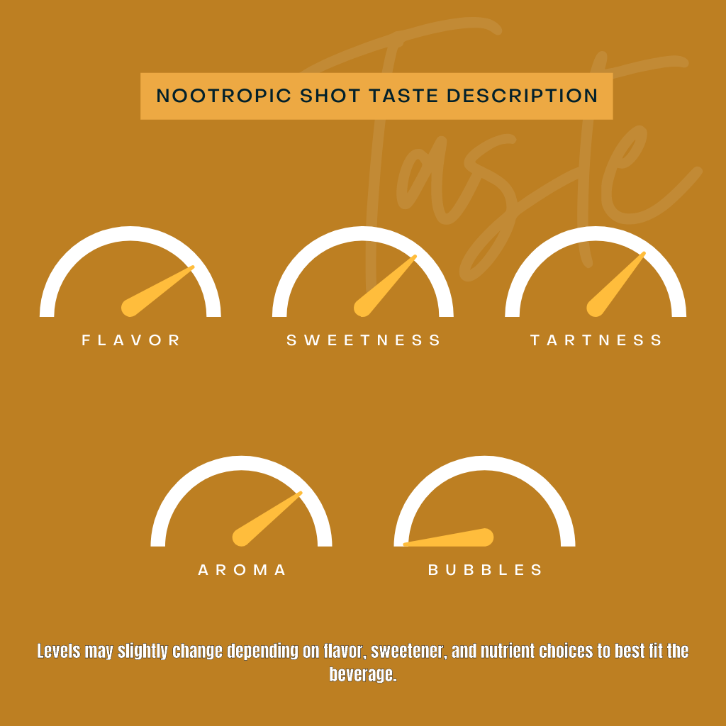 Nootropic shot taste description gauges for tartness, flavor, and sweetness.