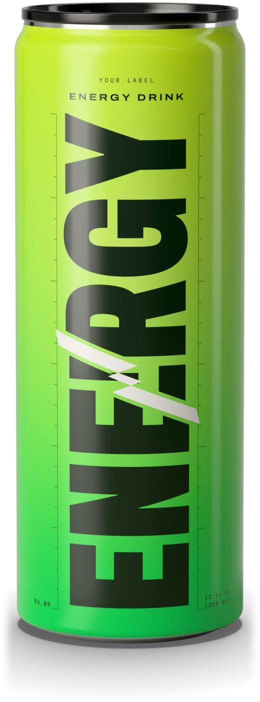 The energy drink can, standing in a dark halo in front of a wall of flavors