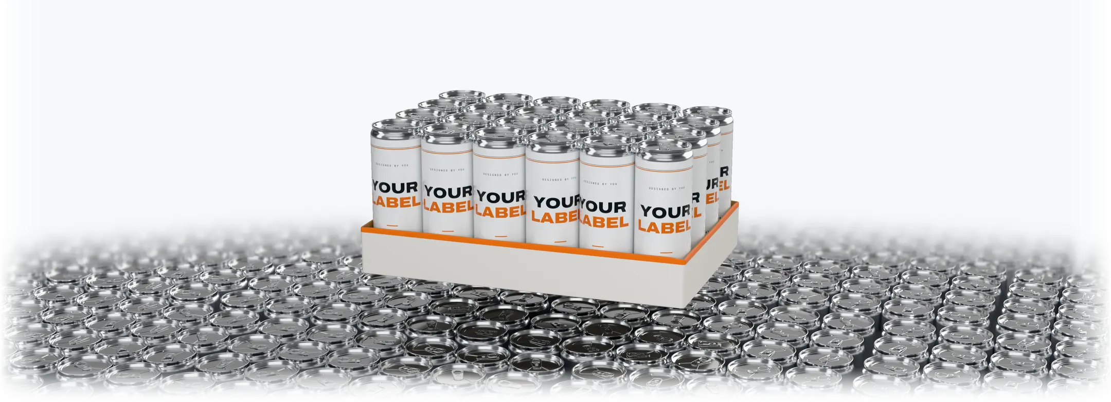 One case of 24 cans, wearing your label, lifted out of a sea of cans.