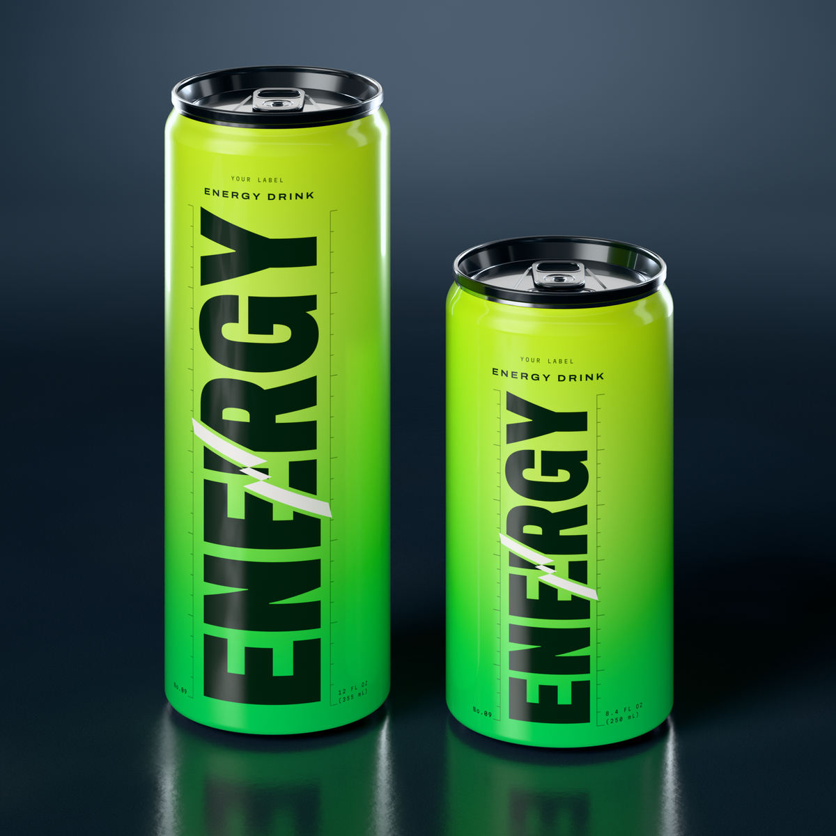 Energy Drink in 12 oz and 8.4 oz Sleek cans with black lids, printed Direct-on-Metal