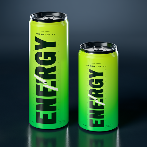 Energy Drink in 12 oz and 8.4 oz Sleek cans with black lids, printed Direct-on-Metal