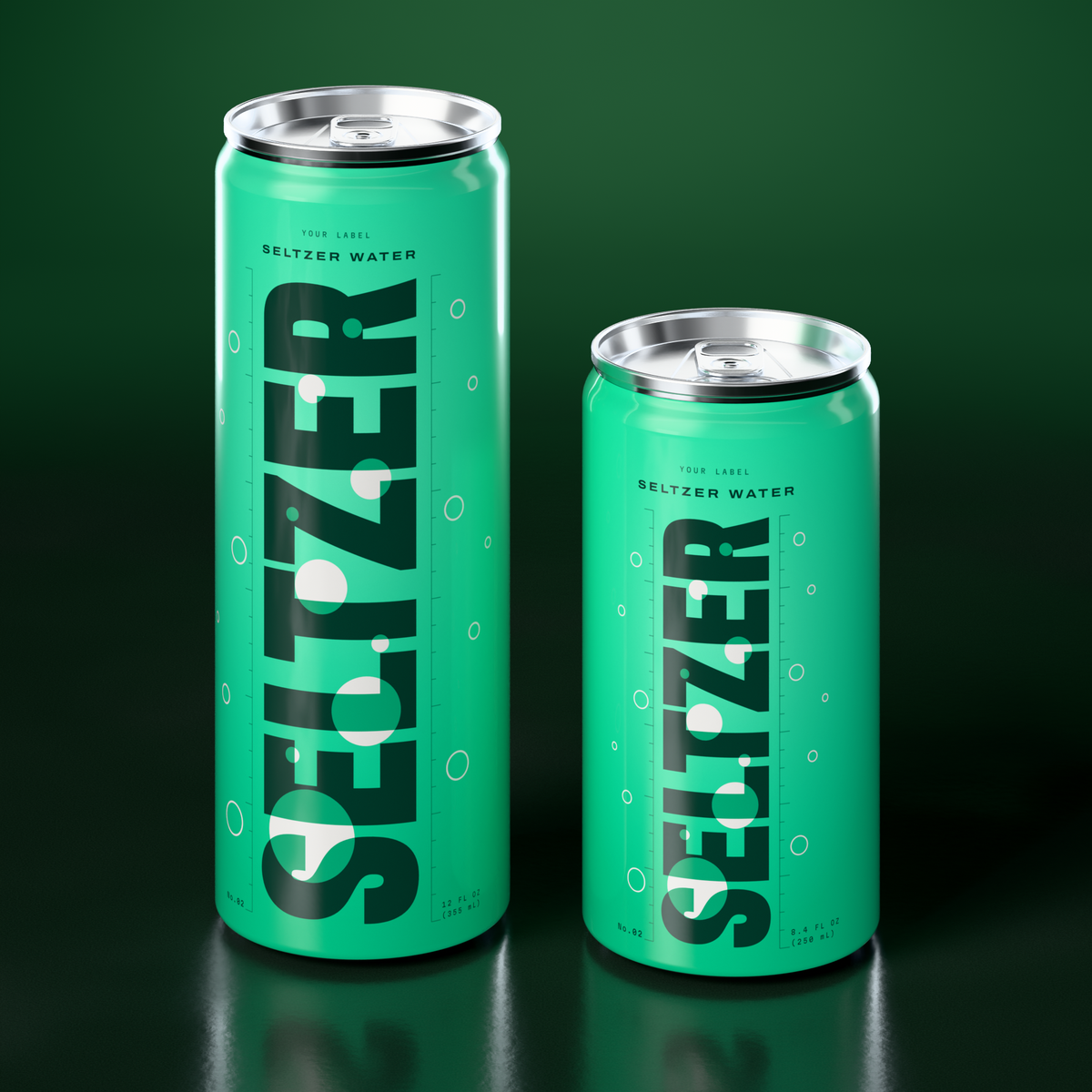 Flavored Seltzer Water in 12 oz and 8.4 oz Sleek cans with silver lids, printed Direct-on-Metal