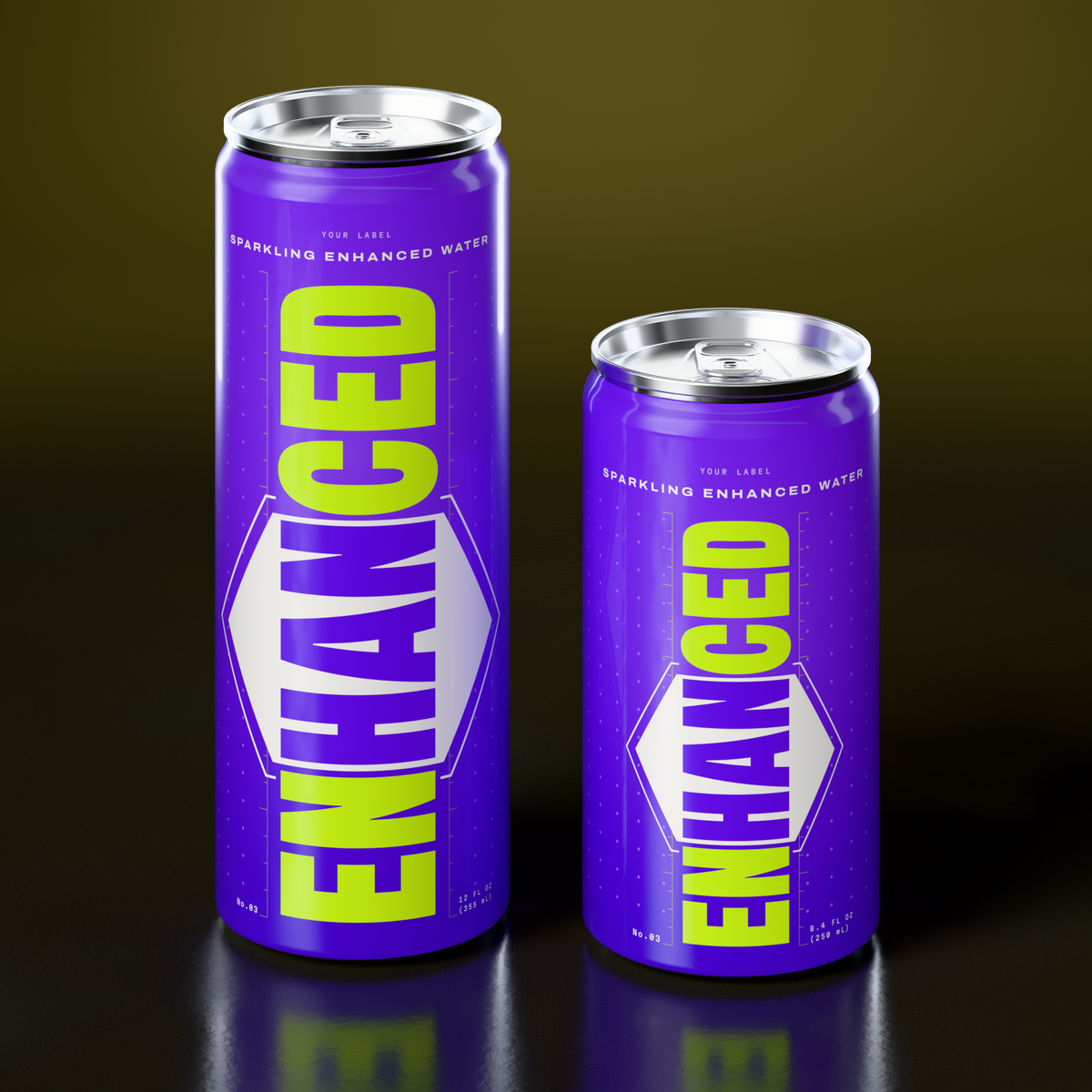 Sparkling Enhanced Water in 12 oz and 8.4 oz Sleek cans with silver lids, printed Direct-on-Metal
