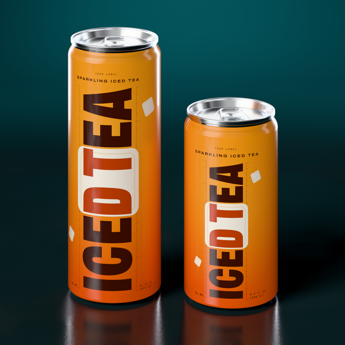Sparkling Iced Tea in 12 oz and 8.4 oz Sleek cans with silver lids, printed Direct-on-Metal