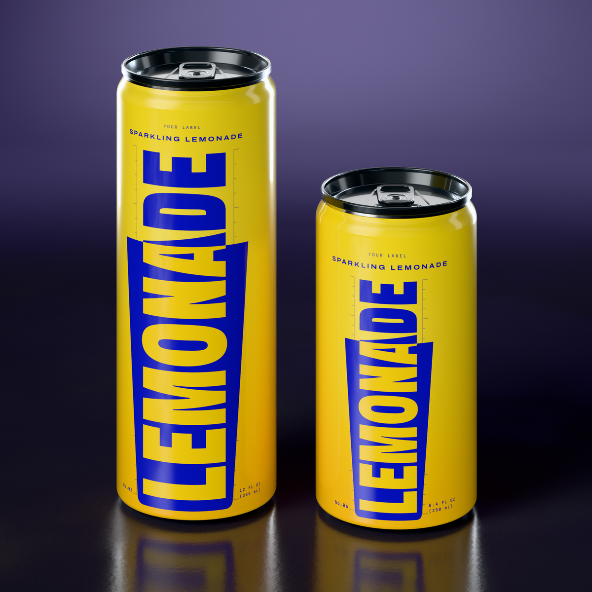 Sparkling Lemonade in 12 oz and 8.4 oz Sleek cans with black lids, printed Direct-on-Metal