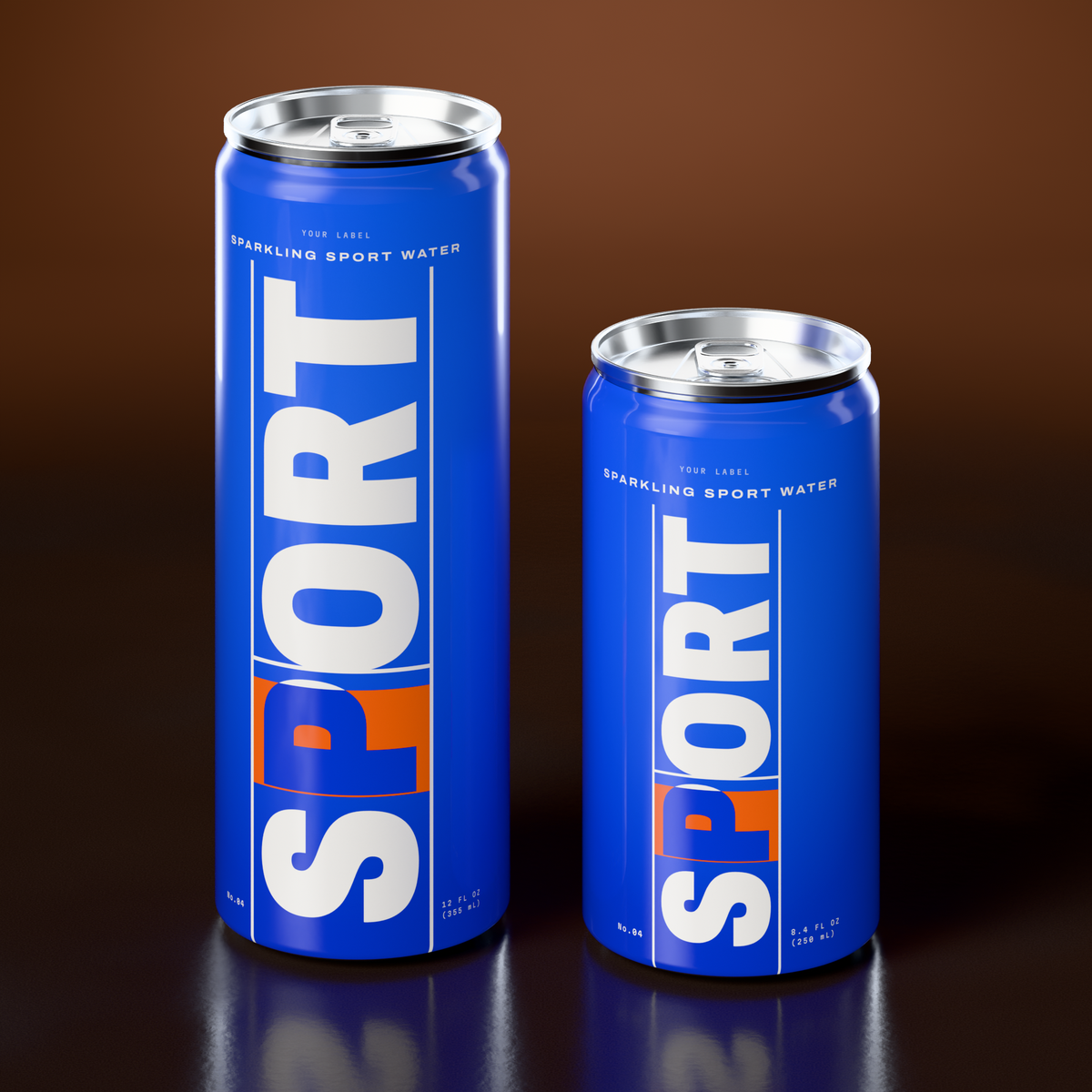 Sparkling Sport Water in 12 oz and 8.4 oz Sleek cans with silver lids, printed Direct-on-Metal