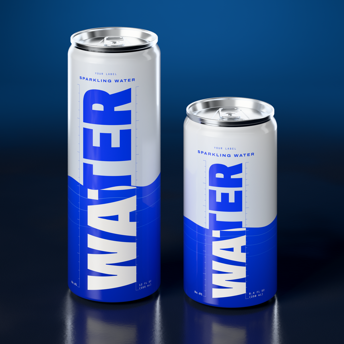 Sparkling Water in 12 oz and 8.4 oz Sleek cans with silver lids, printed Direct-on-Metal