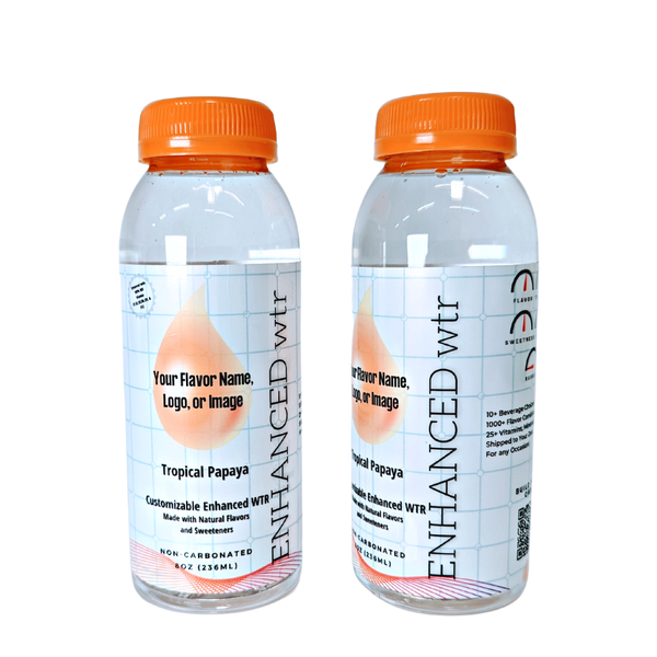 Tropical papaya enhanced water sample, non-carbonated plastic bottle.